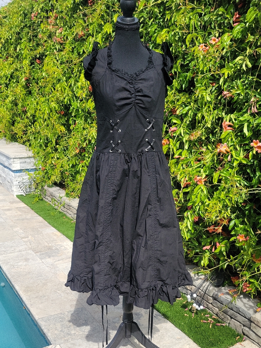 Black Ruffle Whimsigoth Midevil Milkmaid Steampunk Dress with Corset Detail S